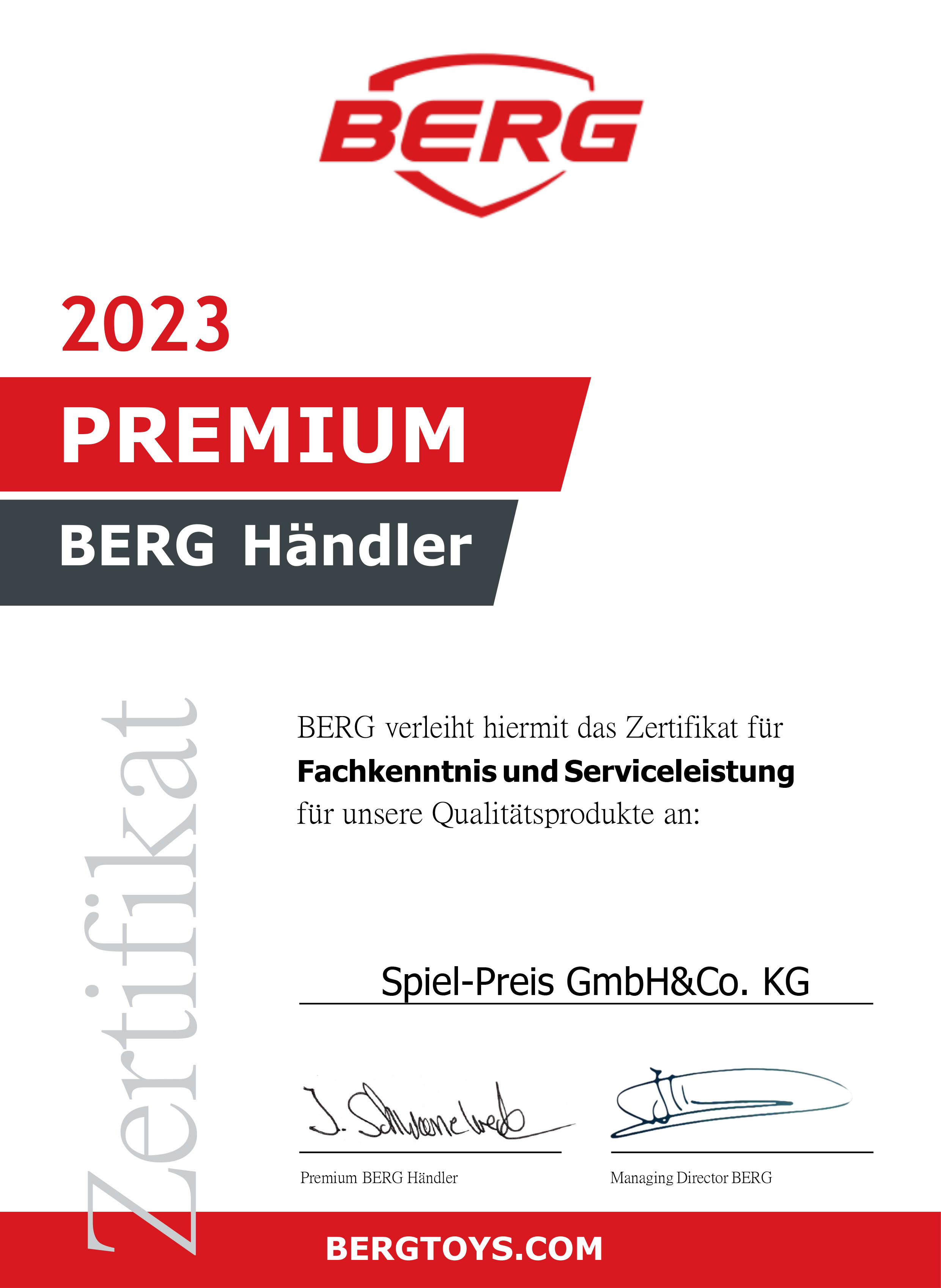BERG Premium Händler Zertifikat 2021